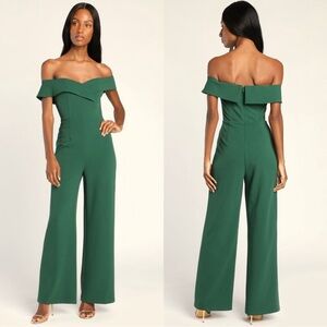 Lulus | Love Me Tomorrow Hunter Green Off-the-Shoulder Wide-Leg Jumpsuit